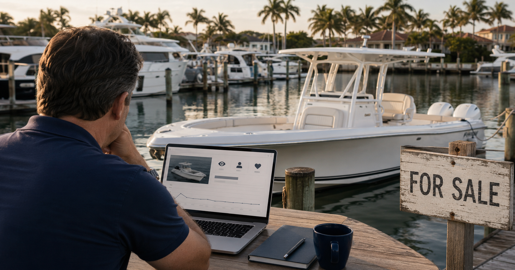 Boat owner reviewing an unsuccessful online boat listing while the vessel remains for sale at a Florida marina