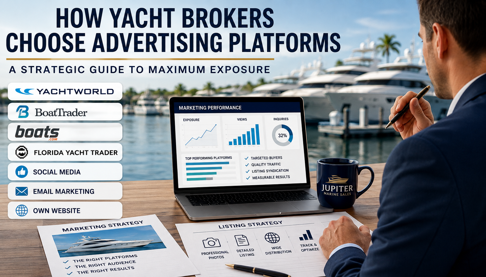 Yacht broker evaluating advertising platforms and marketing strategies to maximize exposure for a yacht for sale